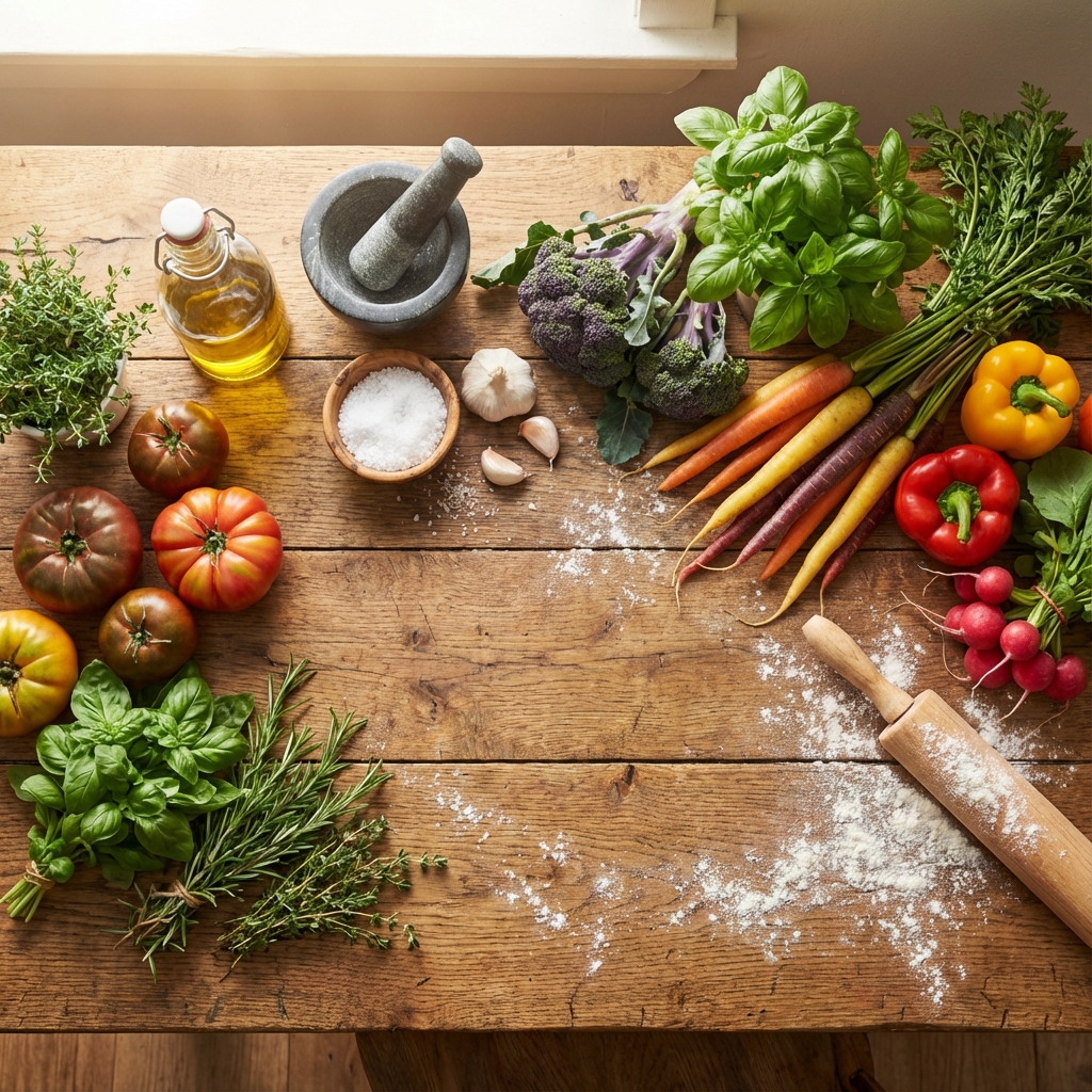 Rustic table spread with fresh ingredients